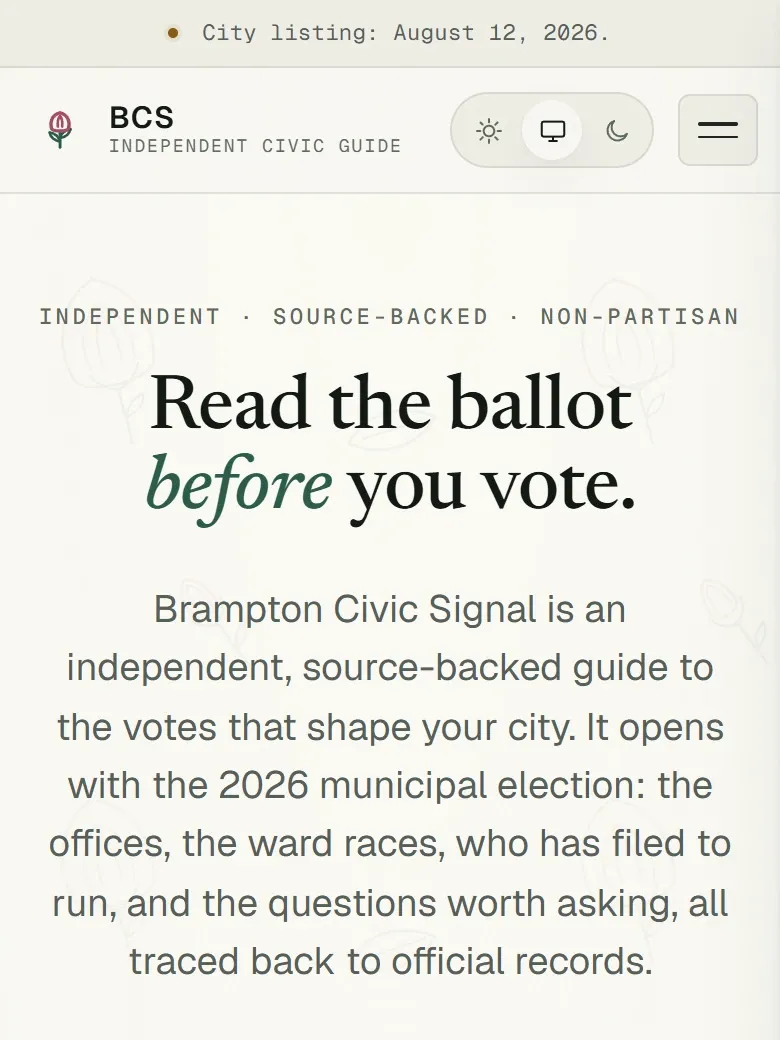 Brampton Civic Signal on a phone: a dated city listing note above the headline "Read the ballot before you vote".