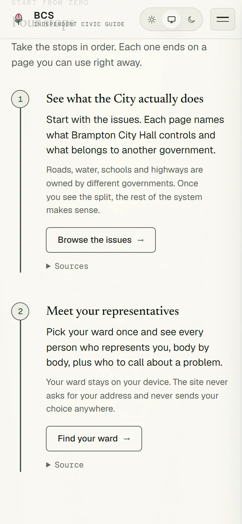 The Learn page on a phone: a route of four numbered stops, starting with "See what the City actually does".