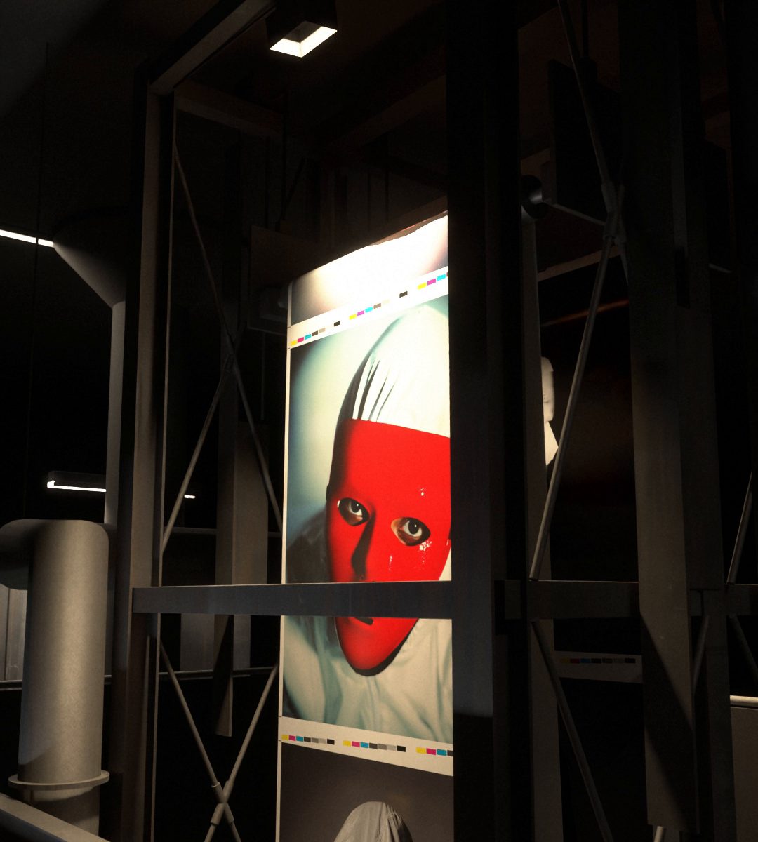 High in a hole cut through the building, between steel beams, a tall print of a face in a glossy red mask.