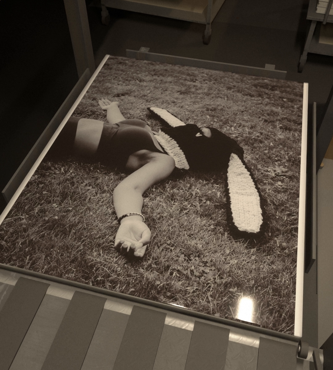 Seen from above, a print of a person lying on grass rests on the delivery pile.