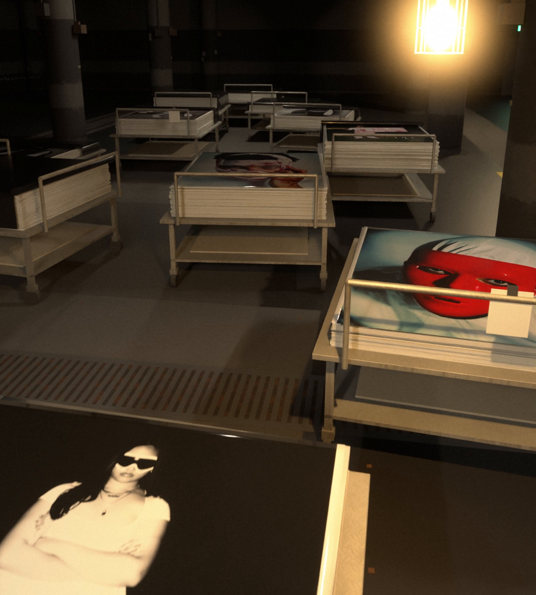 A dark store room: carts of finished prints stretch away under one lamp, the red mask print on the nearest cart.