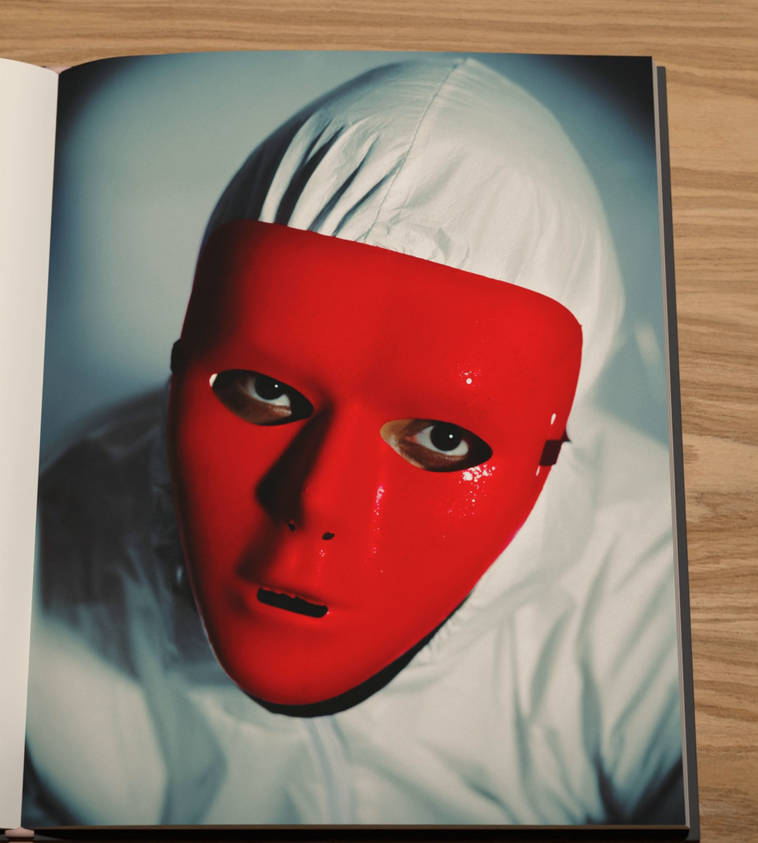 A person in a white hooded suit wears a glossy red mask, looking out through its eye holes.