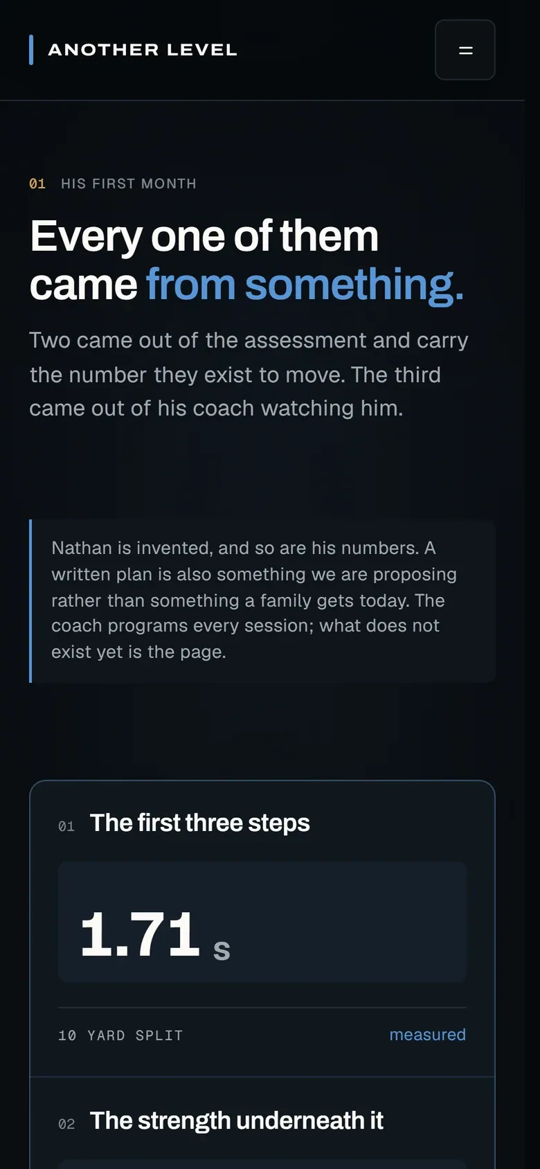 The development plan on a phone: "Every one of them came from something", a note that the athlete and numbers are invented, and the first measurement, a 1.71 second 10-yard split.