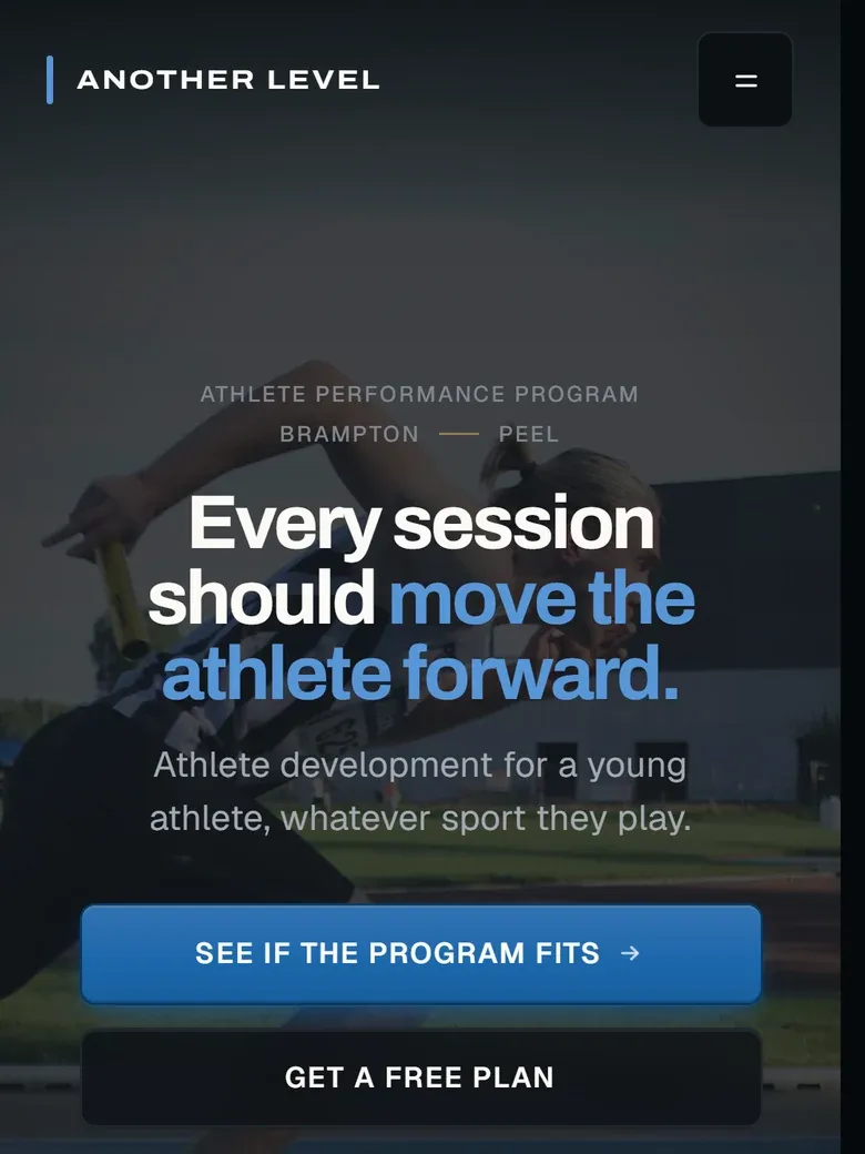 The Another Level program page on a phone: the headline, the button "See if the program fits", and the program’s ages and sessions.