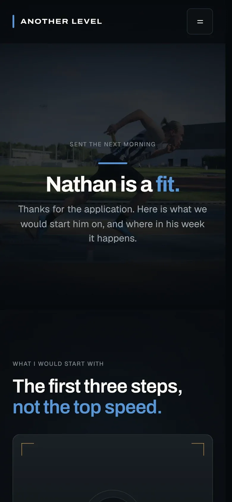 The fit review on a phone: "Nathan is a fit." above the coach’s note on where he would start.
