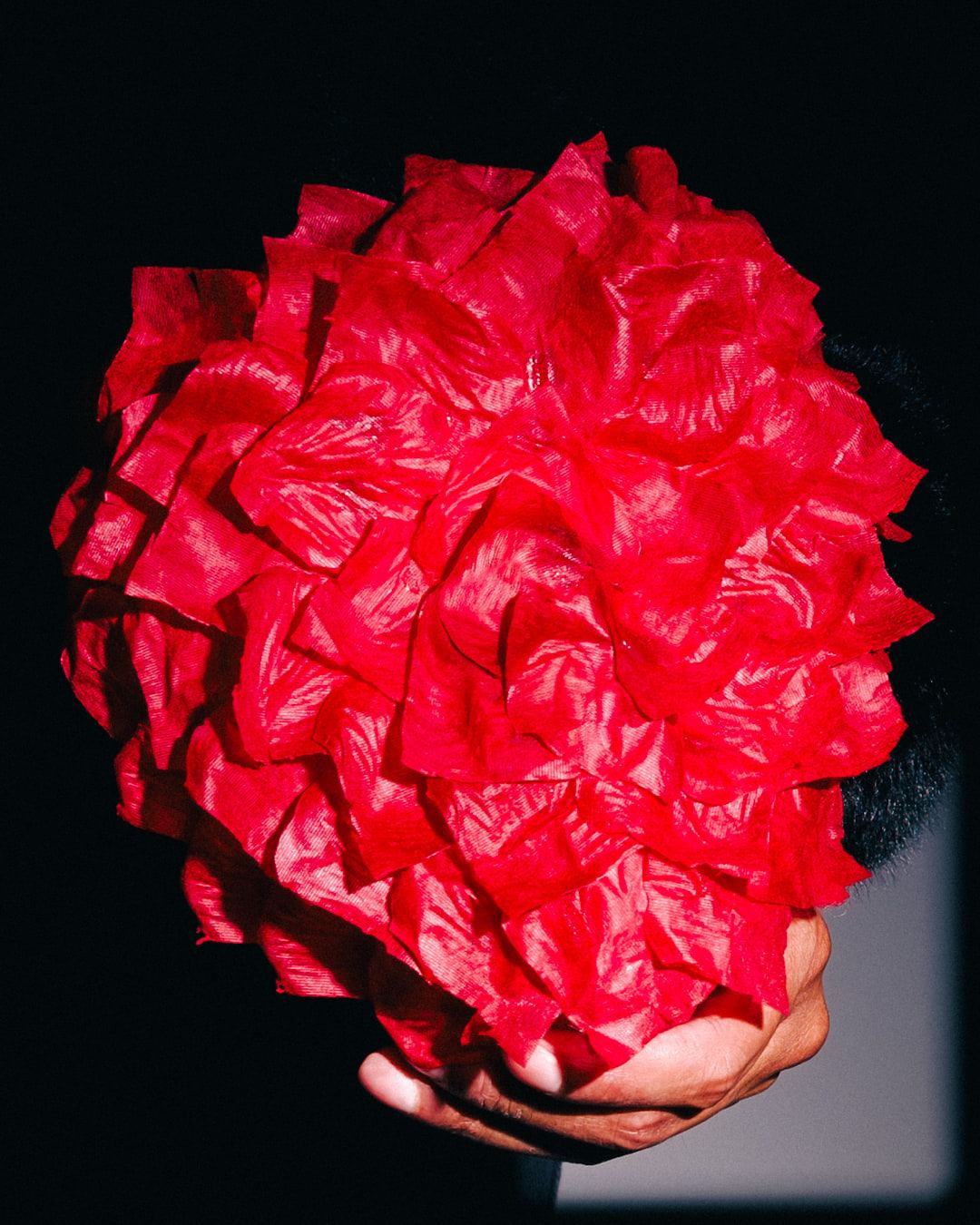 Close-up of a face covered by a large mask of red petals, held in place by one hand, against a black background.