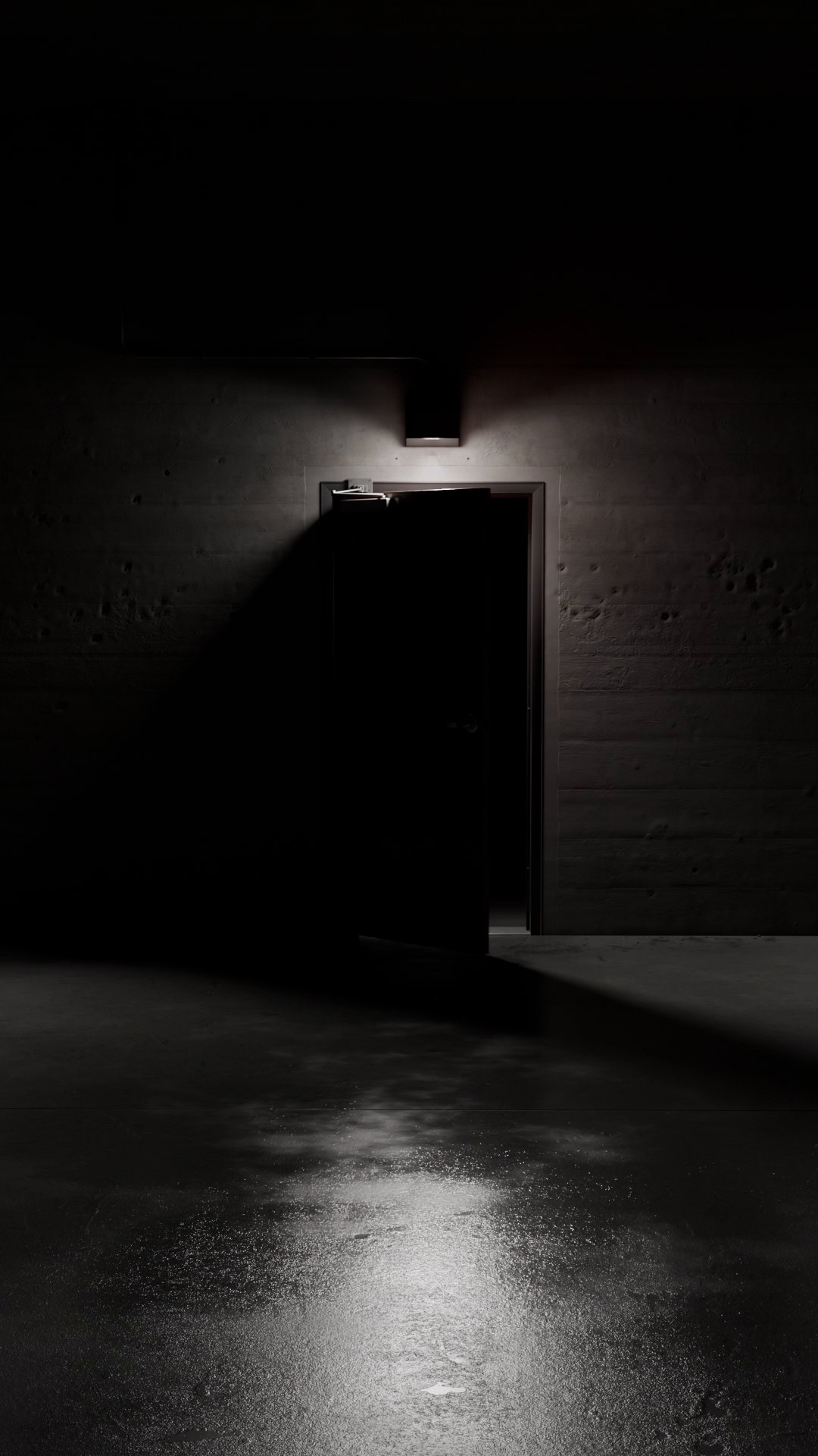 Across the hall, the door has swung open toward the viewer. Its unlit side is almost black against the black doorway, and its shadow falls in a long wedge across the lamplit floor.