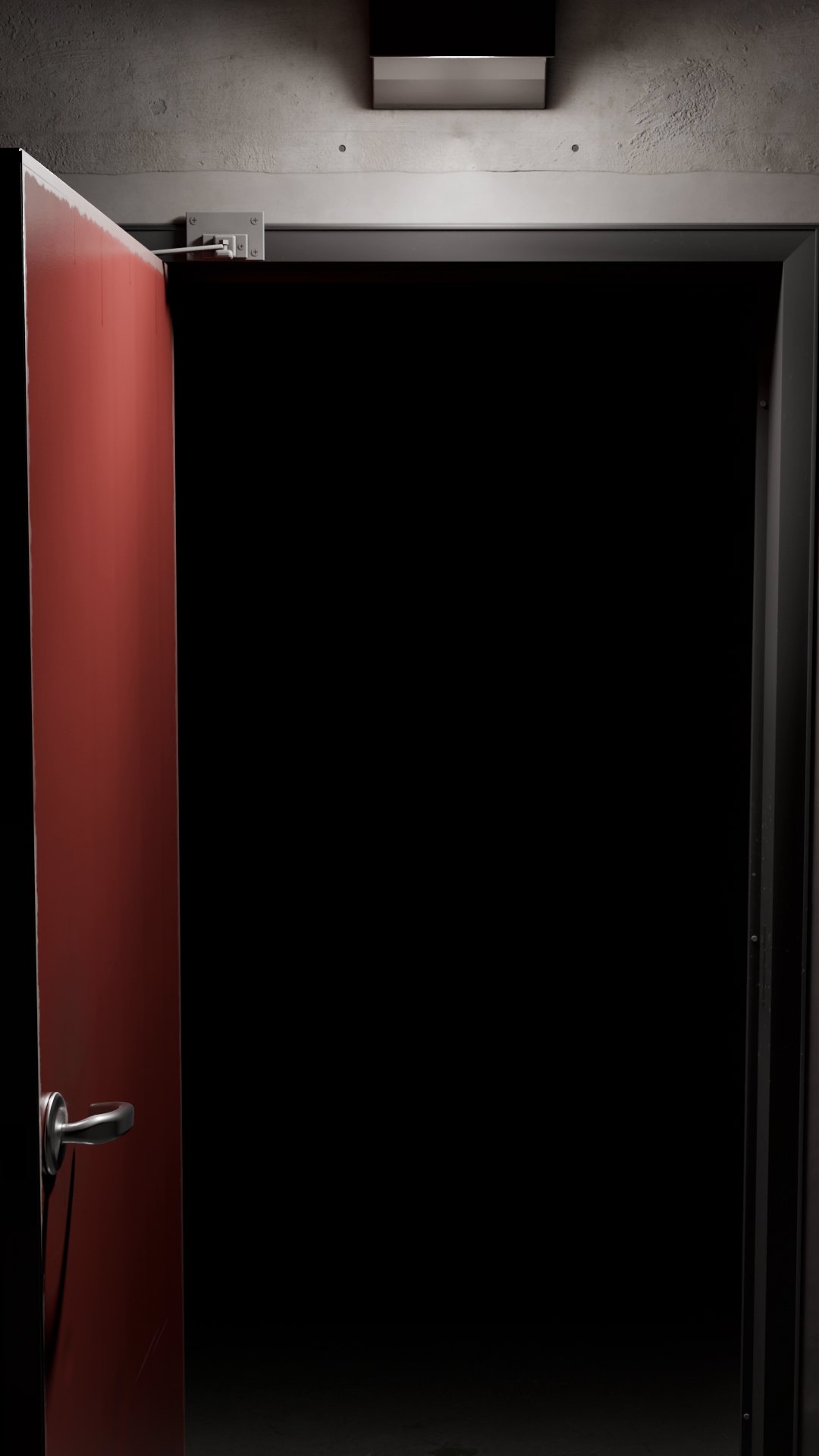 Close to the doorway: the open red door on the left, the lamp and the door closer above the frame, and nothing but black through it.
