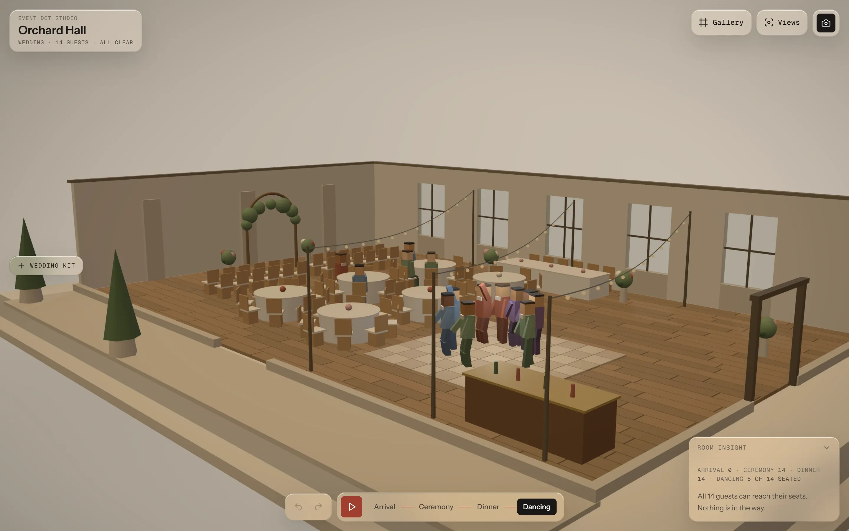 Dancing: some guests on the dance floor, others still seated.