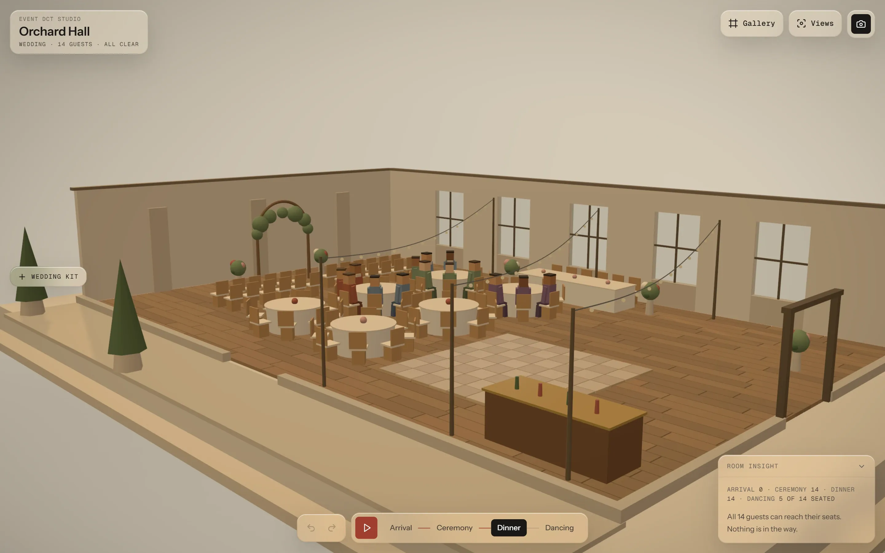 Event DCT Diorama Studio: a 3D miniature of a reception hall with round dinner tables, a ceremony arch and a bar. Fourteen small figures sit at the tables. A panel reads "All 14 guests can reach their seats. Nothing is in the way."