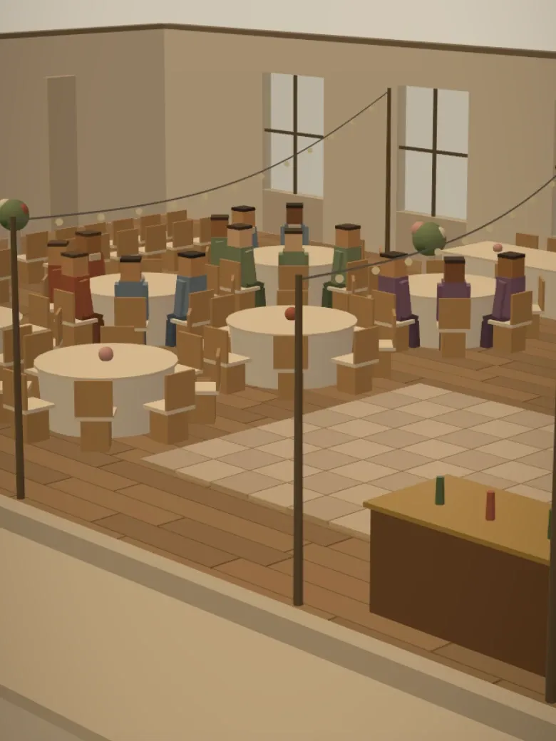 Event DCT Diorama Studio on a phone: guests seated at round tables in the miniature reception hall during dinner.