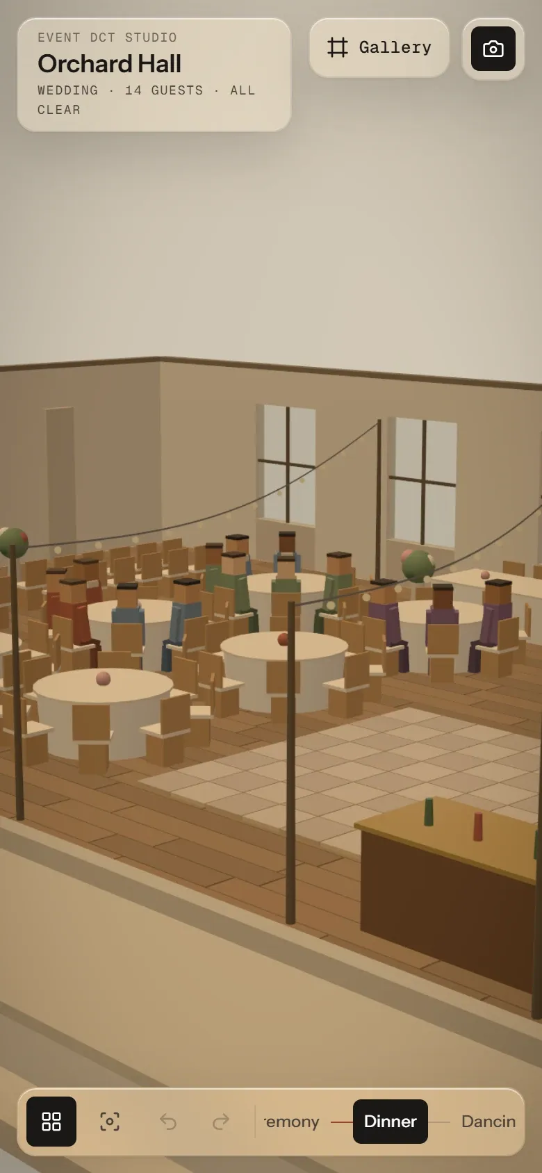 The studio on a phone, showing dinner with the scene timeline along the bottom.